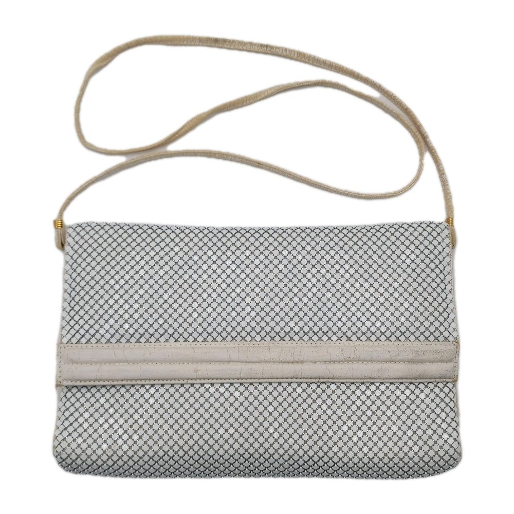 Vintage Whiting Davis International Clutch White Mesh Flap Crossbody Strap Chic